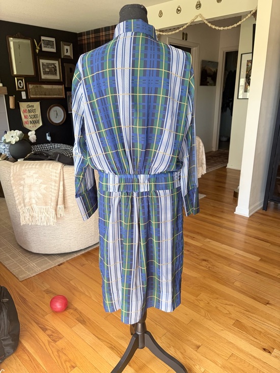 Gretchen Scott Designs Blue, Green & White Plaid Long Sleeve Shirt Dress